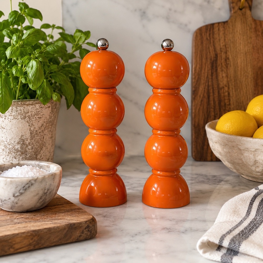 Addison Ross London Orange Bobbin Salt and Pepper Mill Set Glossy Lacquer 9.25in